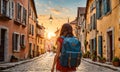 Girl with backpack walking on cobblestone street