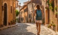 Girl with backpack walking on cobblestone street