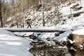 Girl backpacker walking on a bridge over a frozen river in the winter forest in the mountains Royalty Free Stock Photo