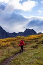 Girl Backpacking on Scenic Hiking Trail surrounded by Rugged Mountains