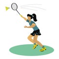 A girl badminton player beats a shuttlecock with a racket