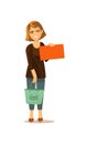 Vector illustration. The girl with the bag stands and shows the card