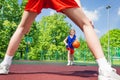 Girl with ball view between two legs of player Royalty Free Stock Photo