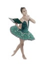 Girl ballerina dancing while read book. Ballet career issues. Depriving children ballerina. Most of time child dancer Royalty Free Stock Photo