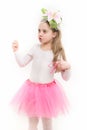 Girl ballerina with flower in long blond hair talk Royalty Free Stock Photo