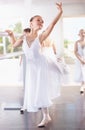 Girl ballerina pose at barre, ballet and dance class with young dancer learning balance and art at studio. Female child