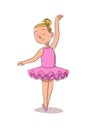 Girl ballerina vector character in pink tutu is dancing. Little dancer performs. Happy childhood, hobby, entertainment