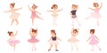 Girl ballet dancer. Little girls dancing in tutu skirt, cartoon isolated cute tiny characters. Classic dance lesson in Royalty Free Stock Photo