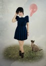Girl, balloon and cat