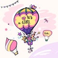 It is a girl. Balloon with flower and candy for template invitation for baby shower