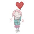 Girl with a balloon in the form of a heart. Valentine`s Day. Illustration is isolated
