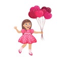 A girl with balloons, in a cartoon style. A cute smiling girl holds balloons in the form of hearts in her hands. A child