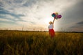 Girl with balloons in wheat field Royalty Free Stock Photo