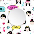 Girl banner with anime emoji pattern. Cute stickers with emotico