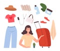 Girl base travel stuff. Female baggage, bag and suitcase, map and fashion clothes. Happy woman go to vacation vector Royalty Free Stock Photo