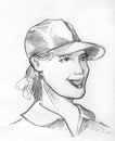Girl in baseball cap pencil sketch