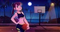 Girl on basketball court, night  background Royalty Free Stock Photo