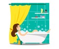 A girl bathes in a foam bath. Fragment of the interior of the bathroom with curtain and stripes with shower cosmetics in the style