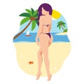 The girl in a bathing suit. Beautiful girl walks on the sand along the sea. Cute girl is resting and sunbathing. Flat design. Royalty Free Stock Photo