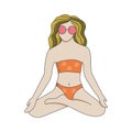 Girl in a bathing suit in the lotus position. Yoga. Beach. Rest. Vector illustration