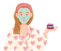 Girl in Bathrobe with Applied Cosmetic Facial Mask Vector Illustration