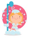 Girl in a bathroom taking a good shower, kids taking shower in bathroom,child healthy lifestyle concept. Vector illustration