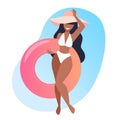 Girl with long hair in a hat holding a swimming life ring. Brunette in a white swimsuit. Vector illustration Royalty Free Stock Photo