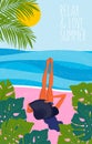 Girl on the beach in big hat. Summer time, vector illustration.