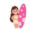 Girl at beach. Cartoon woman standing with surf. Happy smiling teenager holding surfboard. Cute female in summer casual Royalty Free Stock Photo