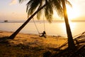 The girl on the beach rides on a swing during sunset. Sunset in the tropics, enjoying nature. Swing tied to a palm tree by the Royalty Free Stock Photo