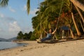 The girl on the beach rides on a swing during sunset. Sunset in the tropics, enjoying nature. Swing tied to a palm tree by the Royalty Free Stock Photo