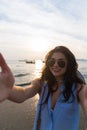 Girl Beach Summer Vacation, Young Woman Take Selfie Photo Sunset
