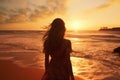 Girl on beach sunset wave. Generate Ai