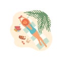 Girl on beach under palm tree is sunbathing and eating a watermelon. Top view of vector flat cartoon illustration with Royalty Free Stock Photo
