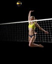 Girl beach volleyball player ver with ball and net Royalty Free Stock Photo