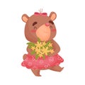 Girl bear carries a bouquet of flowers. Vector illustration on white background. Royalty Free Stock Photo