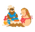 Girl, bear, and hedgehog having a picnic. Child with red hair enjoying food with cheerful animals. Friendship and