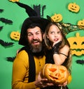 Girl and bearded man with happy faces on green background