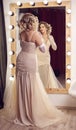 Girl in a beautiful dress next to the mirror Royalty Free Stock Photo