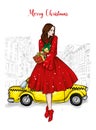 A girl in a beautiful vintage dress. Vector illustration. Clothing and accessories, vintage and retro. Taxi and the city. New Year