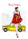 A girl in a beautiful vintage dress. Vector illustration. Clothing and accessories, vintage and retro. Taxi and the city. New Year