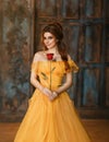 Girl beauty fantasy princess in yellow long historical, medieval silk dress holding flower red rose in her hands