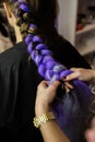 Girl in the beauty salon is weaved with braids. braided pigtails. Royalty Free Stock Photo