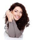 Girl beauty, young beautiful cheerful woman looking at camera an Royalty Free Stock Photo