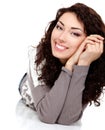 Girl beauty, young beautiful cheerful woman looking at camera an Royalty Free Stock Photo