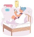 Girl in bed looks at phone, cannot sleep. Smartphone addiction prevents girl from falling asleep