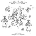 Girl in bee costume with wings with bees and beehives