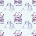Girl with beer and huge hamburger seamless pattern Royalty Free Stock Photo