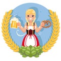 Girl with beer mug pretzel oktoberfest poster festival celebration flat design vector illustration