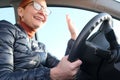 The girl behind the wheel of the car smiles and welcomes friends. First trip by car. The young driver behind the wheel Royalty Free Stock Photo